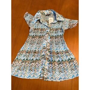 Sere Naide Teal Brown Chevron Print Shirred Button Down Top‎ Large NWT